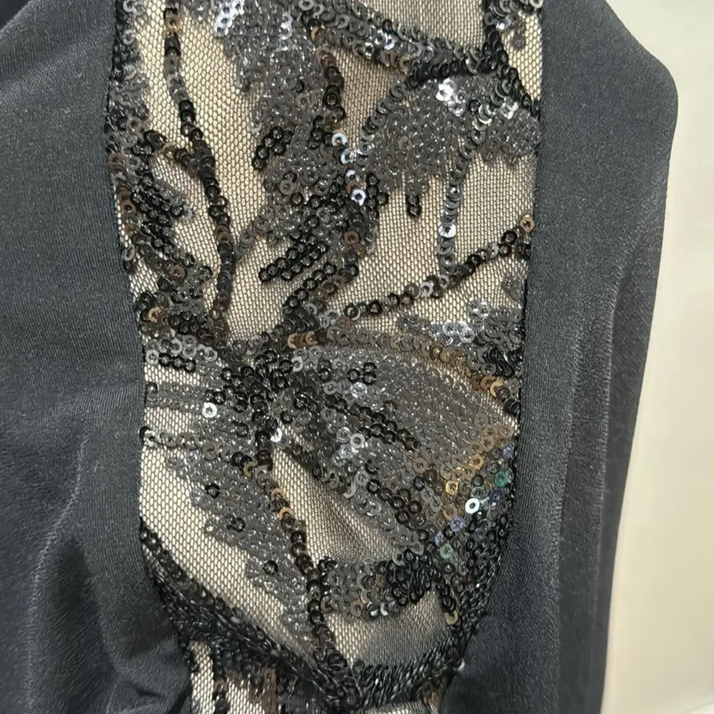 Connected Apparel Long Black Sequined Side Panel Cocktail Dress 12P - Picture 7 of 10